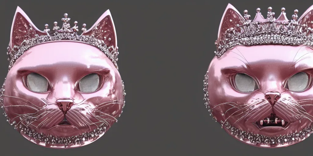 Image similar to made from steel crown is engraved with a single cat face, thin crown, pink color, luxury style, 4 k, realistic render, ultra - detailed, ultra detail