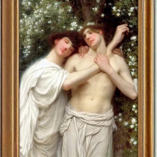 Image similar to Springtime, by Pierre-Auguste Cot, depicting two men in love dressed in white robes