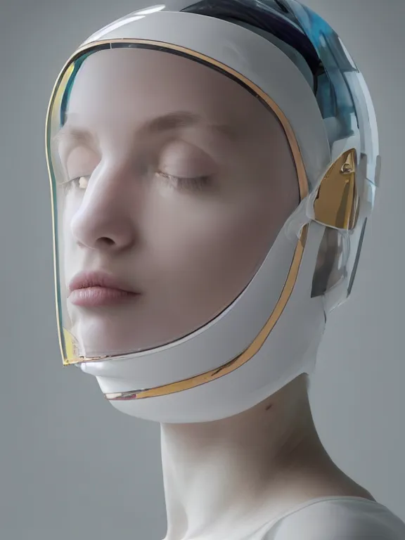 Prompt: an ultra high definition professional studio quality photograph of a transparent iridescent perspex pastel coloured face visor on a white sculpture of a human form in an empty white room. dramatic lighting, ray tracing, refraction, shallow d. o. f, colour corrected, golden ratio, three point light. volumetric shadows. light rays.