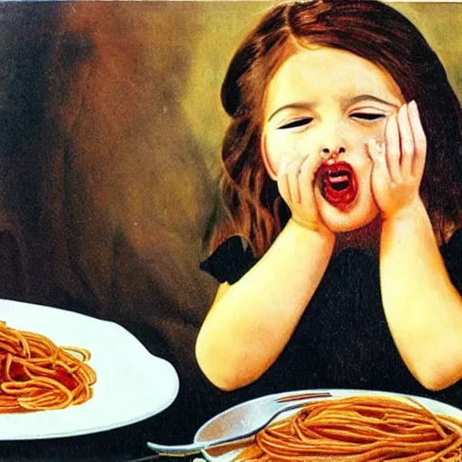 Prompt: girl eats spaghetti and crying spaghetti, style of Salvador Dali