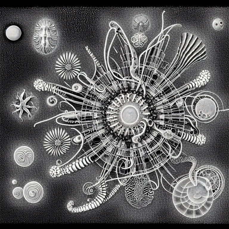 Image similar to a black and white drawing of a variety of sea life and filled with gundam mech equipment space station, a microscopic photo by ernst haeckel, zbrush central, kinetic pointillism, bioluminescence, biomechanical, intricate patterns, photoillustration