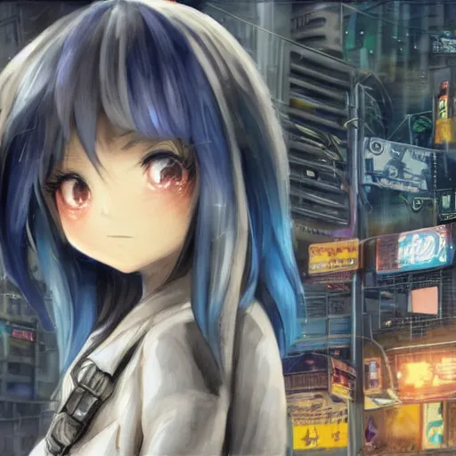 Image similar to dynamic composition, motion, ultra-detailed, incredibly detailed, a lot of details, amazing fine details and brush strokes, colorful and grayish palette, smooth, HD semirealistic anime CG concept art digital painting, watercolor oil painting of Clean and detailed post-cyberpunk sci-fi close-up schoolgirl in asian city in style of cytus and deemo, blue flame, relaxing, calm and mysterious vibes,, by a Chinese artist at ArtStation, by Huang Guangjian, Fenghua Zhong, Ruan Jia, Xin Jin and Wei Chang. Realistic artwork of a Chinese videogame, gradients, gentle an harmonic grayish colors. set in half-life 2, Matrix, GITS, Blade Runner, Neotokyo Source, Syndicate(2012), dynamic composition, beautiful with eerie vibes, very inspirational, very stylish, with gradients, surrealistic, dystopia, postapocalyptic vibes, depth of field, mist, rich cinematic atmosphere, perfect digital art, mystical journey in strange world