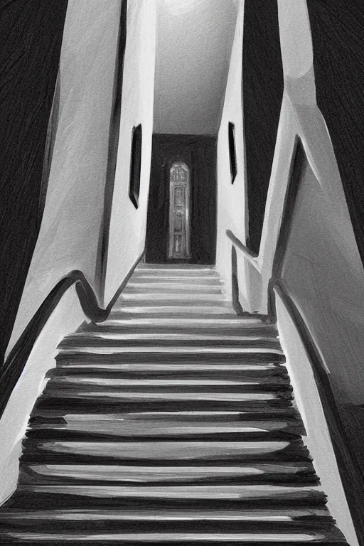 Prompt: looking down a flight of dimly lit stairs, first person perspective, black cat looking up from the base of the stairs, digital illustration, artstation, artstation hq, hd