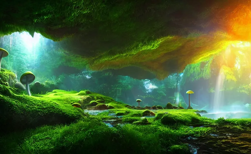 Image similar to a beautiful and stunning professional digital artwork of a humongous glowing mushroom cave, haze, waterfall, volumetric lighting, hyperrealistic, green, blue, sunset, unreal engine 5, ultra detail