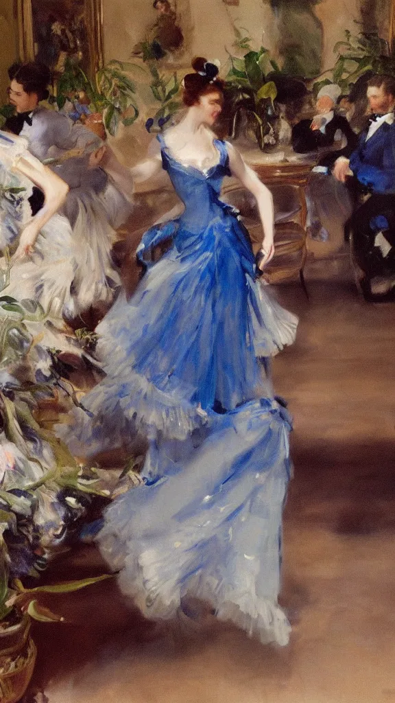 Prompt: a rabbit wear blue dress and dancing in botanical room by john singer sargent, cinematic, detailed