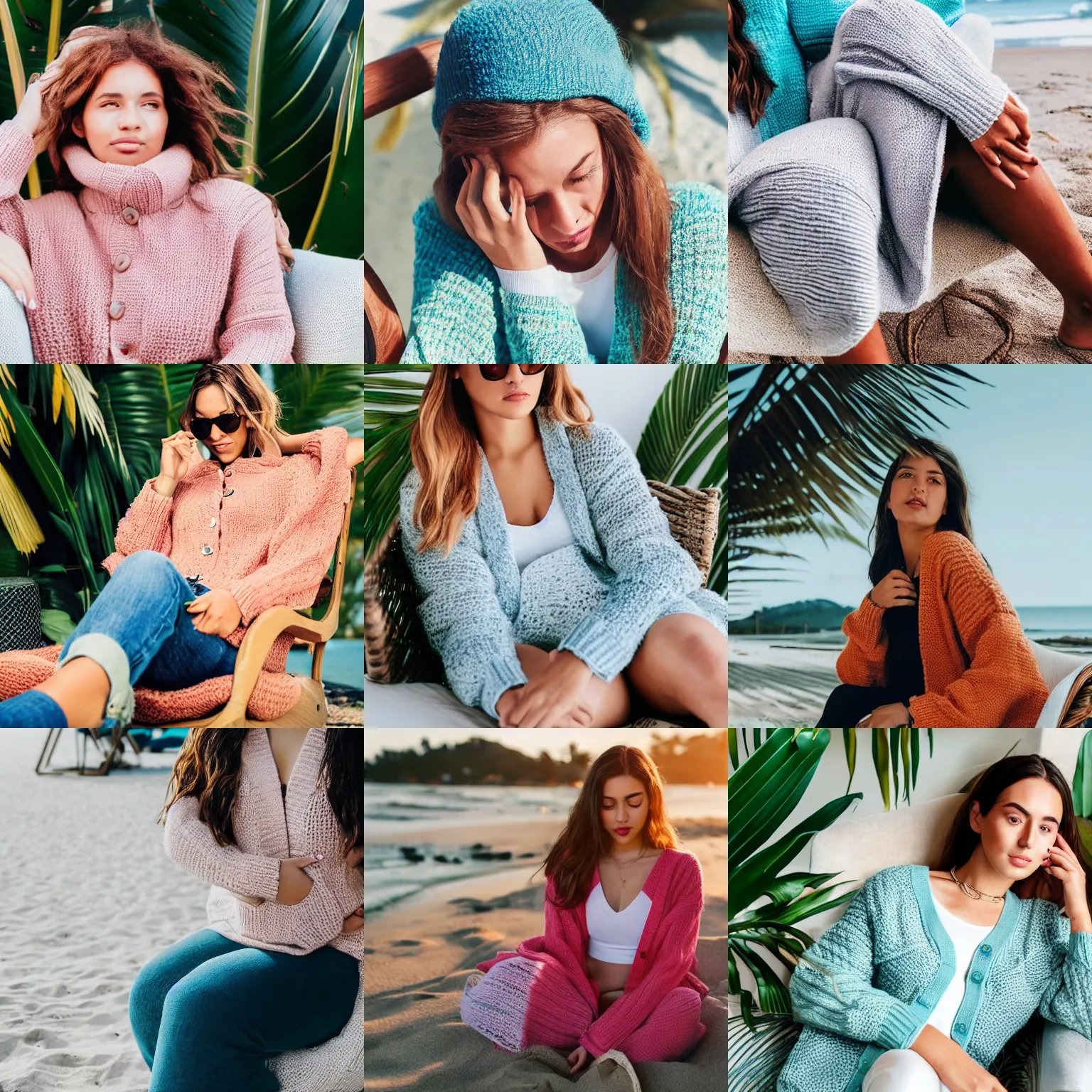 Prompt: a young woman, instagram influencer, wearing a thick knit sweater and cardigan, she is shivering cold with her arms crossed across her chest, in a lounge chair on a tropical beach in summer, midday, sunny, natural lighting, not having fun, 2019 trending photo, ultra detailed