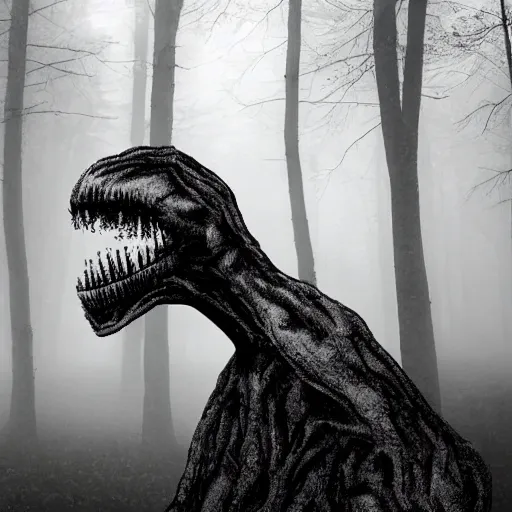 Image similar to disturbing creature with ghoulish face and long appendages, in a forest, black and white, realistic, with creepy fog