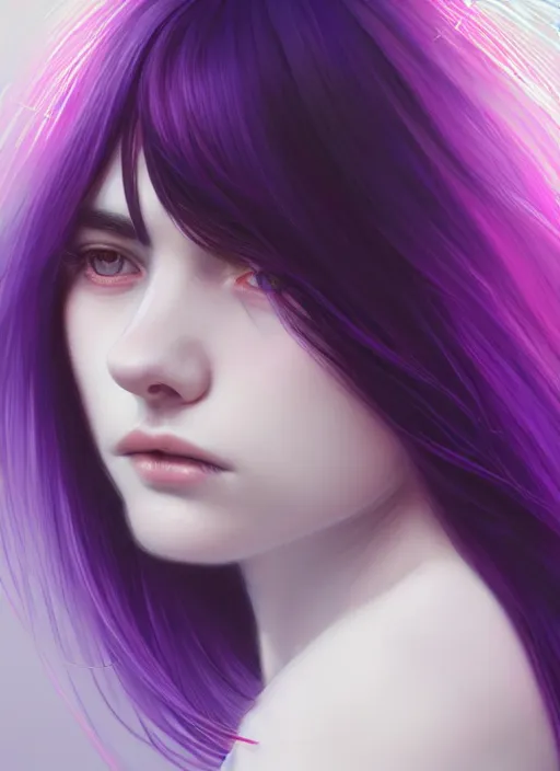 Image similar to hair whitebangs hair, black hair, whitebangs, portrait of teenage girl with white bangs, red irises, purple clothes, white bangs, bangs are different color from hair, intricate, elegant, glowing lights, highly detailed, digital painting, artstation, concept art, smooth, sharp focus, illustration, art by wlop, mars ravelo and greg rutkowski