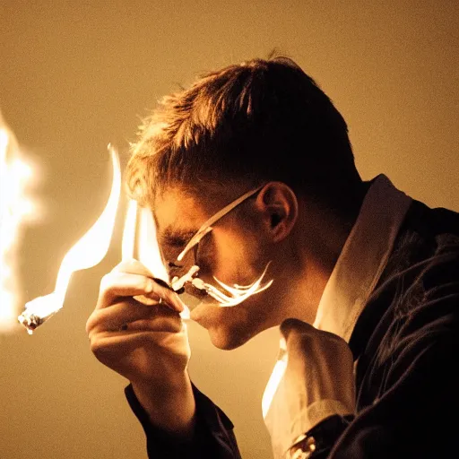 Image similar to one man lights a cigarette from the second man's lighter, a cigarette, smoke