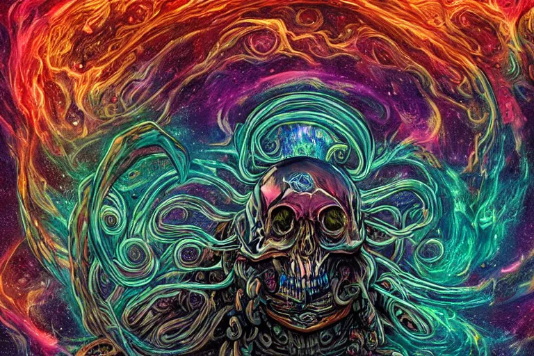 Image similar to a giant skull with deep and intricate rune carvings and glowing eyes with thick lovecraftian tentacles emerging from a space nebula by dan mumford, twirling smoke trail, a twisting vortex of dying galaxies, digital art, photorealistic, vivid colors, highly detailed, intricate