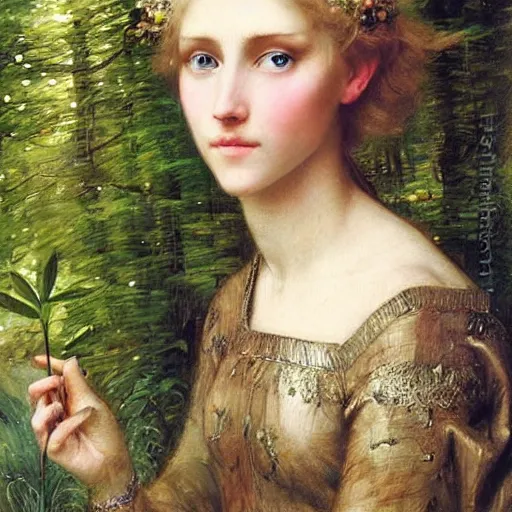 Prompt: portrait of a blue eyed, blonde haired crowned queen of summer with light elvish overtones and a forest background by John WIlliam Waterhouse