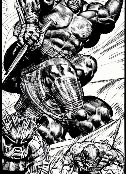 Image similar to huge morgan aste as marvel's juggernaut wearing metal helmet, dynamic, by jack kirby and greg staples and norman rockwell and tom lovell