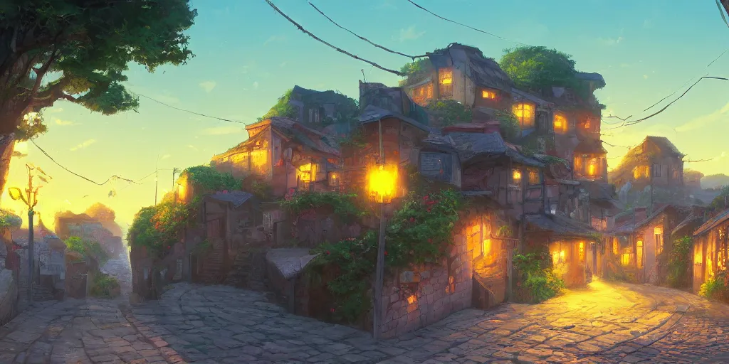 Prompt: a lonely cobblestone street with a business selling electrical appliances, on a cliff over the sea at sunset, artstation, colorful maurice noble concept art, by sarrailh, by peter chan, by makoto shinkai