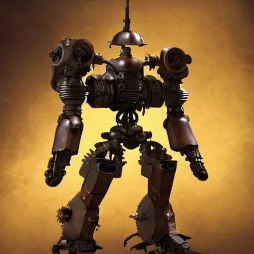 Image similar to a steampunk mech - suit designed to shoot down other mech - suits, anime, studio ghibli, steam, pipes, guns, copper, metal, slightly rusty, plain background, finely detailed, epic, intense, sparks, cinematic lighting,
