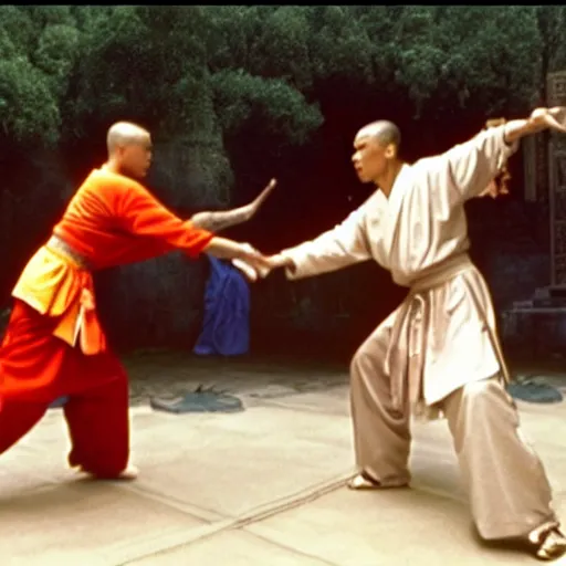 Prompt: film still from The 36th Chamber of Shaolin, Master Donald Trump fights Obama Killer