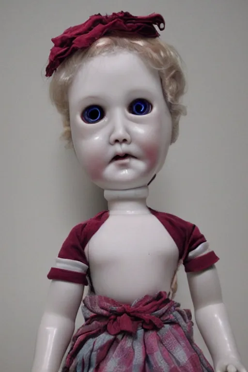Prompt: creepy porcelain doll with creepy shining eyes.