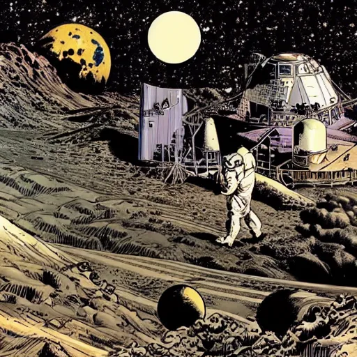 Prompt: a farm on the moon, earth seen in the distance by mike deodato, macabre