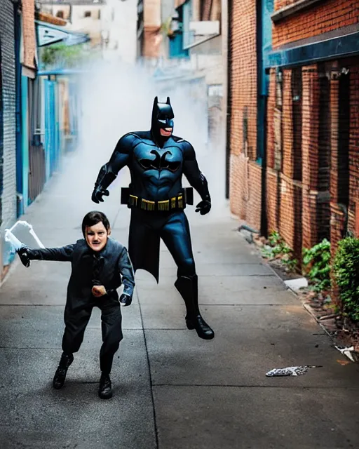 Image similar to happy batman firing super soaker water gun in an alleyway, everyone having fun, toy product advertisement, photography