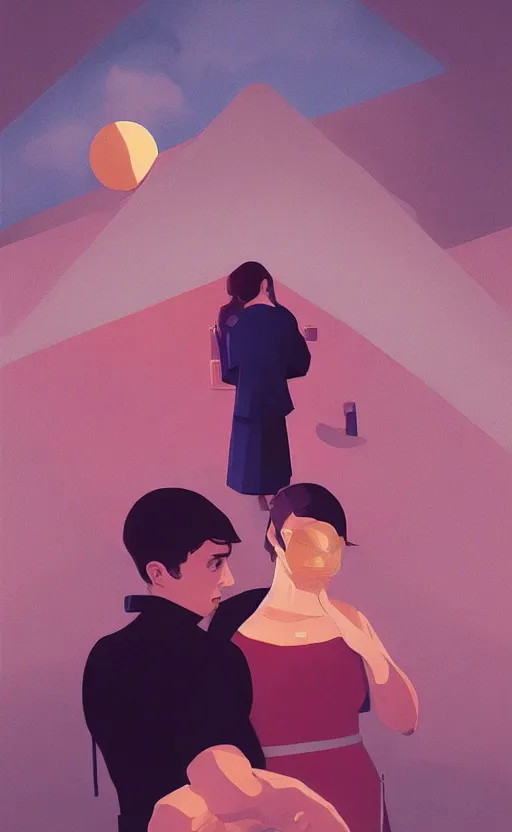 Image similar to young love, surreal illustration, by atey ghailan and escher and edward hopper