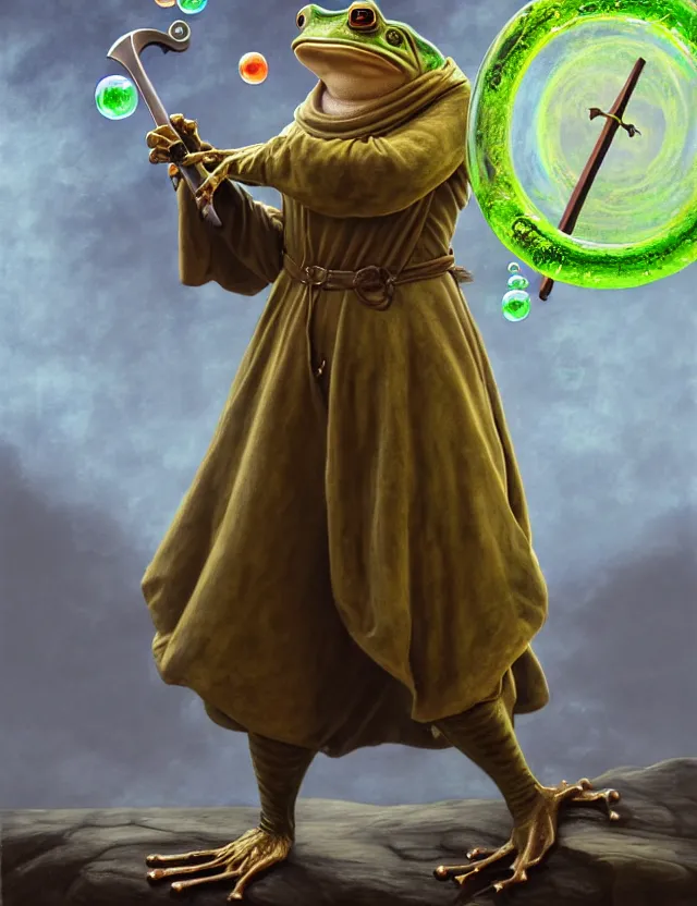 Image similar to anthropomorphic bipedal frog that is dressed as a renaissance monk, and holding a giant sword, as a matte oil painting and d & d character art, by alex grey, standing, fullbody, floating bubbles, mystic, fog, fractals, spirals, concept art, award - winning, extremely detailed, sharp focus