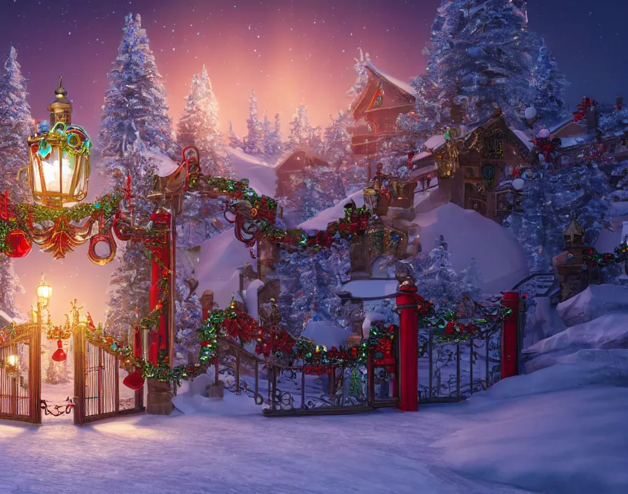 Image similar to a very detailed concept art of intricate and well designed jingle bell gates to santa's northpole, infused with aurora borealis, dynamic lighting, trending on artstation, path traced, highly detailed, high quality, digital painting, digital art, 4 k, hyper realistic, octane render, sharp focus