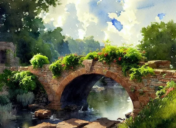 Image similar to watercolor of rustic stone bridge with mural, ivy, summer daylight, bright clear day, clouds, high detailed art by dennis miller bunker, work by anders zorn, wonderful masterpiece by greg rutkowski, beautiful cinematic light, american romanticism by greg manchess, creation by tyler edlin