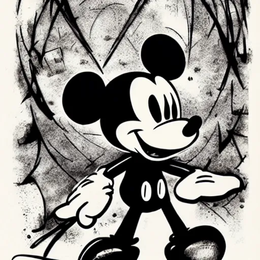 Image similar to Mickey Mouse with a malevolent smile, Yoji Shinkawa, Manga art, style of Ink