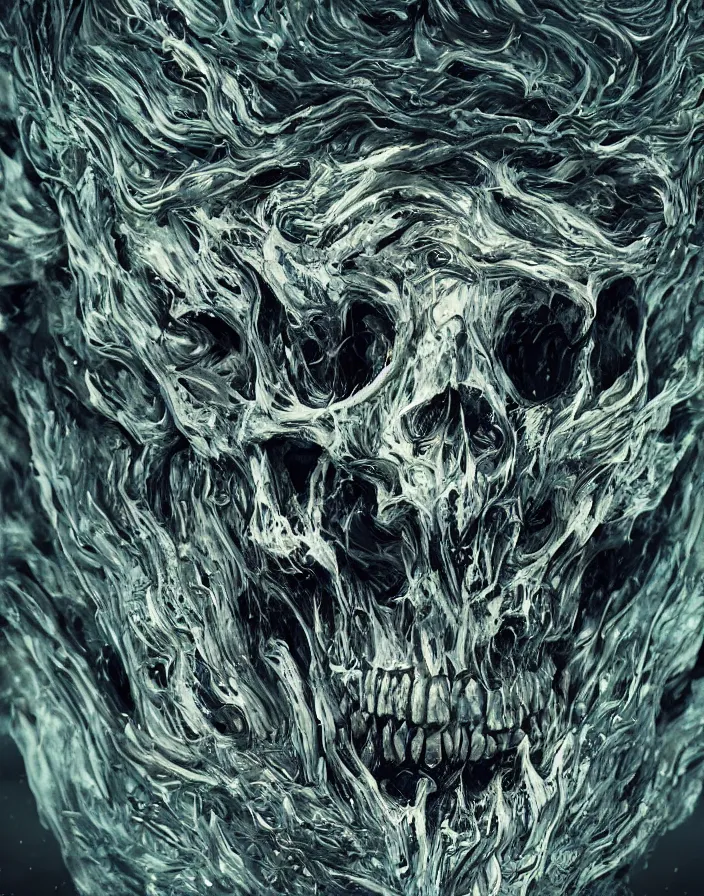 Image similar to portrait of a monster skull. thousands of teeth. burning water distortions. intricate abstract. intricate artwork. by Tooth Wu, wlop, beeple, dan mumford. octane render, trending on artstation, greg rutkowski very coherent symmetrical artwork. cinematic, hyper realism, high detail, octane render, 8k, depth of field, bokeh. flames