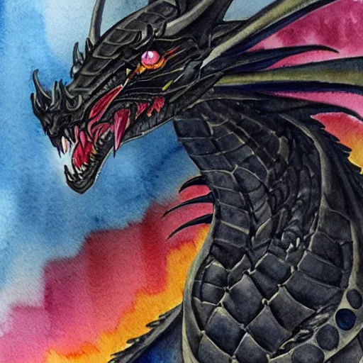 Prompt: watercolour fantasy of a black dragon