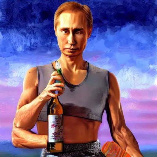 Image similar to putin holding a bottle of arak, wearing a mini skirt, cinematic, beautiful digital painting, hyper detailed