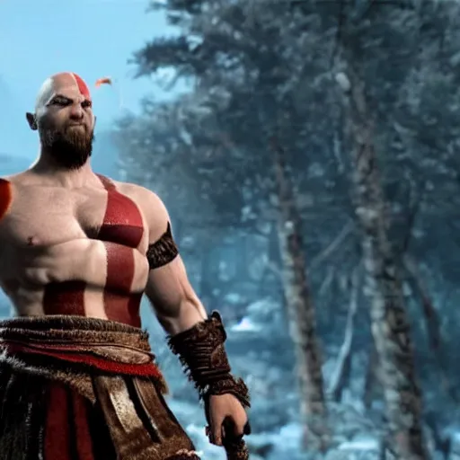 Image similar to screenshot of donald trump as kratos in god of war game