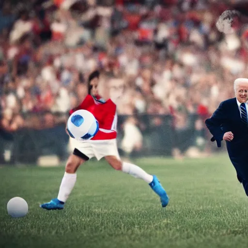 Image similar to joe biden playing soccer, professional sports photography, cinematic lighting