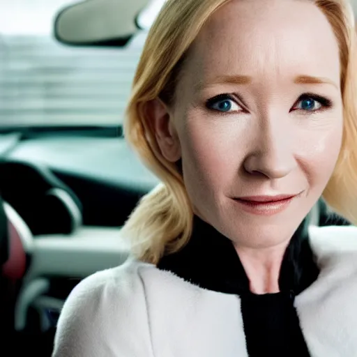 Image similar to uhd candid photo of anne heche wearing white powder all over her nose, with accurate face, in screaming, behind the wheel of a mini cooper, uhd, studio lighting, correct face, photo by annie leibovitz