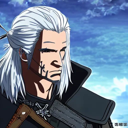 Prompt: Geralt of Rivia anime style