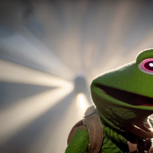 Image similar to action shot of kermit the frog as furiosa in mad max, dramatic light, god rays, very detailed