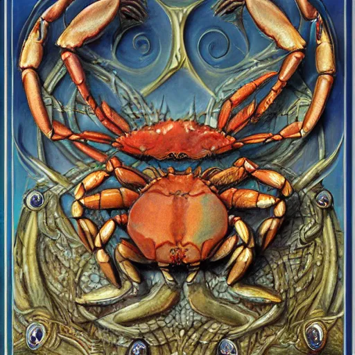 Prompt: detailed and sharp crab god zodiac artwork, mystic style, detailed, 8 k, detailed, symmetrical, by brian froud