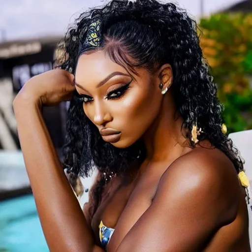 Image similar to realistic, east african man with curly hair next to megan thee stallion, seductive, romantic, dreamy tones, realistic, full body, love, sharp focus, editorial