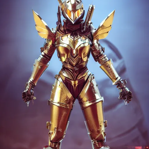 Image similar to picture of metal armored valkyrie, crimson plated, sword and shield, golden wings, divine vibes, light brown hair, white skin, shiny golden eyes, sky background, sharp focus, highly detailed, cinematic lighting, studio quality, smooth render, unreal engine 5 rendered, octane, rendered