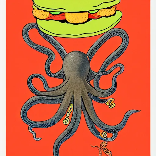 Prompt: highly detailed illustration of octopus holding hamburger, poster, symmetrical