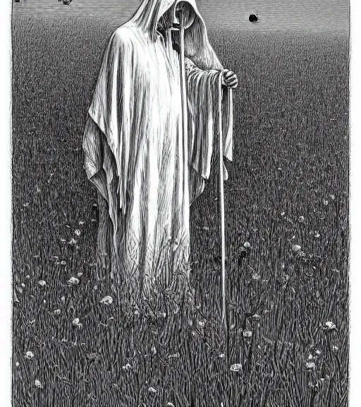 Image similar to grim reaper in beautiful meadow of flowers, pencil illustration by gustave dore, highly detailed, centered, high resolution, smooth, sharp focus, illustration