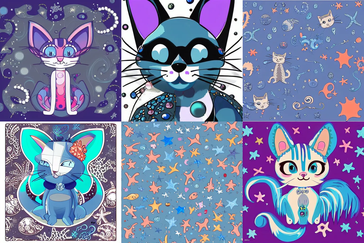Prompt: 2d vector furry anthro cat adoptable design, deep sea themes with starfish, netting, pearls, coral, etc, blue and silver colors, high contrast, long tails, big ears, intricate patterns, character design, concept art, symmetrical, front view, art style is Lisa Frank, popular characters like on Toyhouse, Twitter, Deviantart, Artstation,