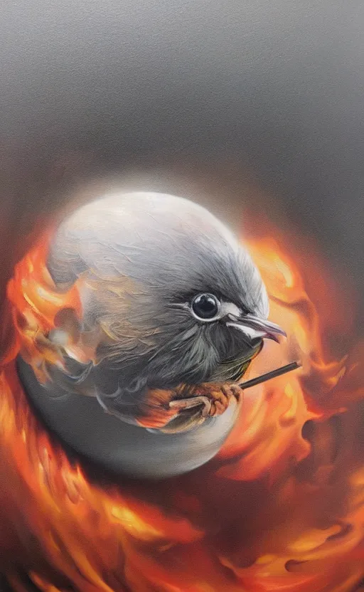 Image similar to an ultra fine detail painting of a round floating bird with a lot of smoke coming out of it, an airbrush painting by Ron English, by Marco Mazzoni, by Brian Despain, cgsociety, hyperrealism, airbrush art, hyper realism, oil on canvas, nuclear art, pop surrealism