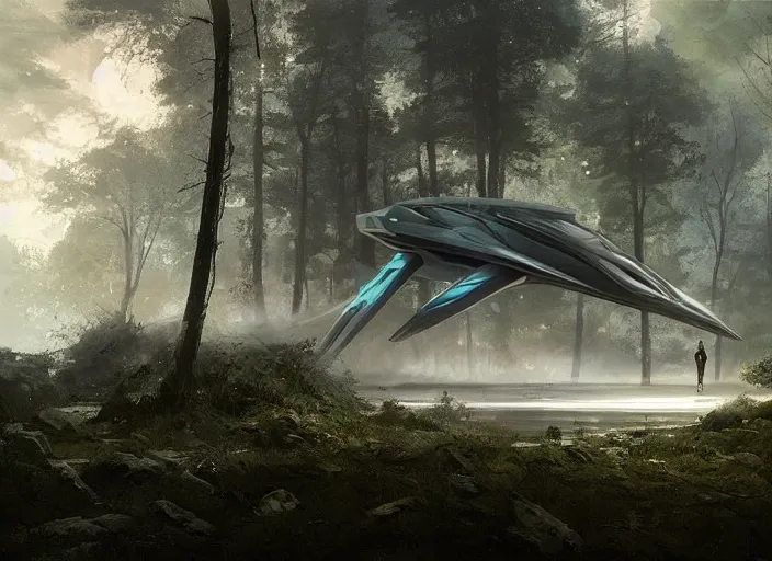 Prompt: a spaceship emerging from a lake, forest by Raoul Vitale and Greg Rutkowski