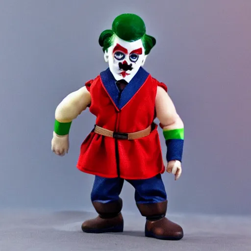 Image similar to adolf hitler clown action figure, well lit, studio light, painted action figure, toy advertisement, toy package