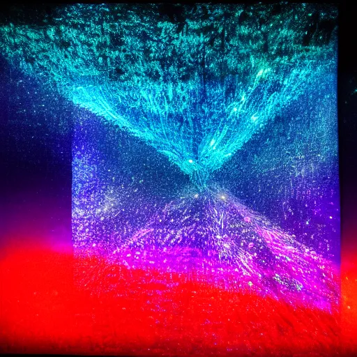 Prompt: an abstract crystals in dark room with some lights shinning on it, art like MidJourney.