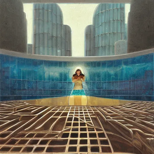 Prompt: detailed face of an arabic woman, travertine and stainless steel courtyard, moon pool, glass block, tectonic sky, skydome, reactor, utopian, tech noir, wet reflections, prism, atmospheric, ambient, pj crook, syd mead, livia prima, artgerm, greg rutkowski, nick alm, casey baugh