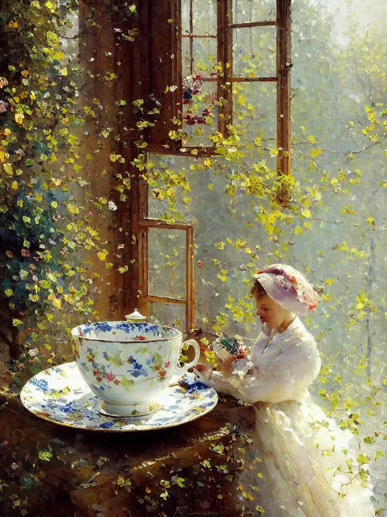 Image similar to tea cup amd friends, amazing impressionistic oil painting by alexi zaitsev, melinda matyas, denis sarazhin, karl spitzweg, intricate details, fractal leaves, tall windows, high quality, brush strokes, award winning, sharp focus, cool white