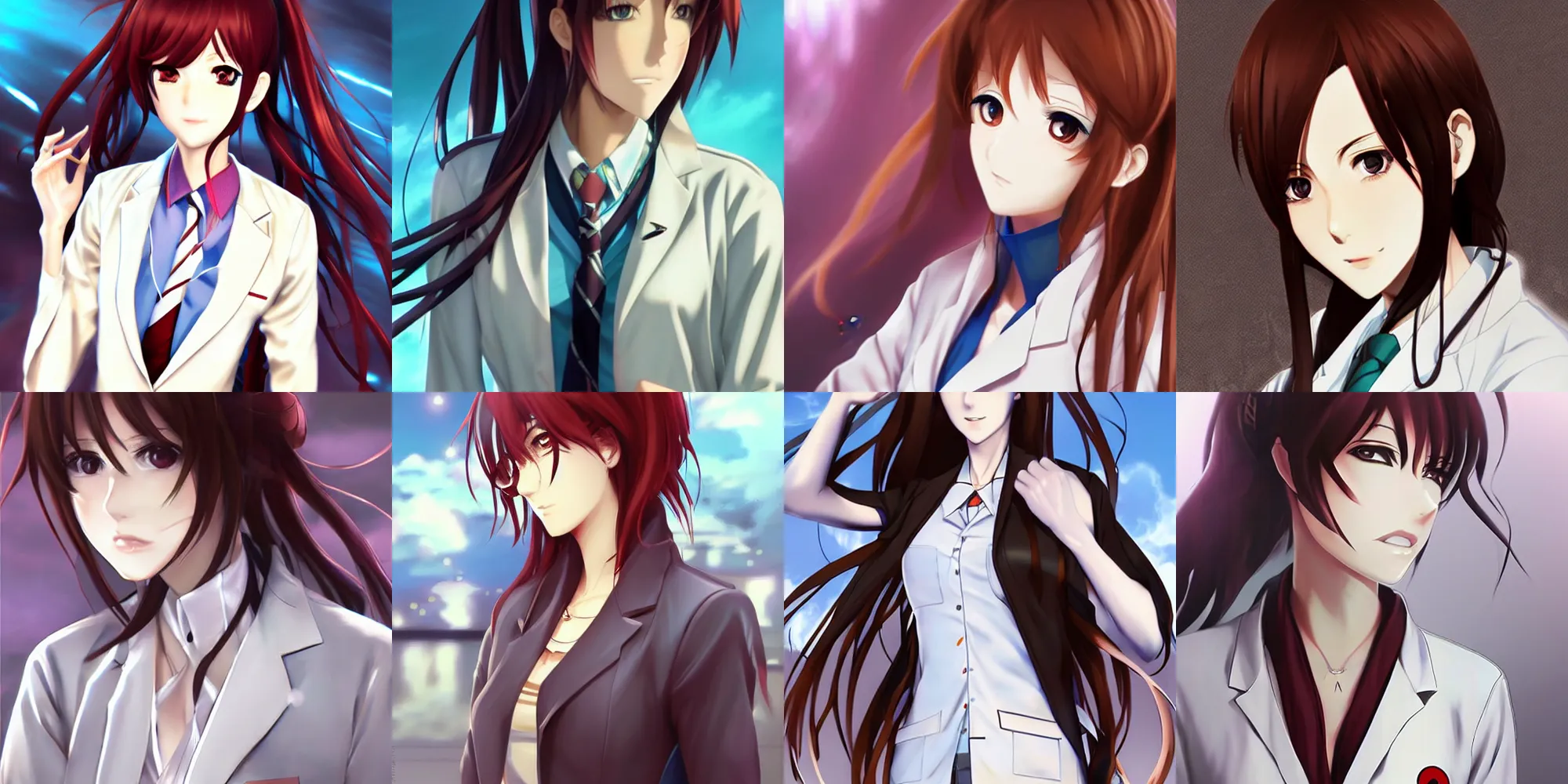 Image similar to detailed anime portrait art of kurisu makise wearing a lab coat, art by ross tran ilya kuvshinov krenz cushart, detailed, intricate