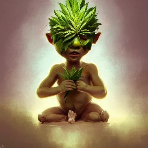 Image similar to a cute little baby made of hemp, with a head in the form of a cannabis bloom, like baby grut, green skin, character, art by james jean and greg rutkowski!!, realistic face, digital art, chibi style, golden ratio, perfect composition, trending on artstation, 8 k