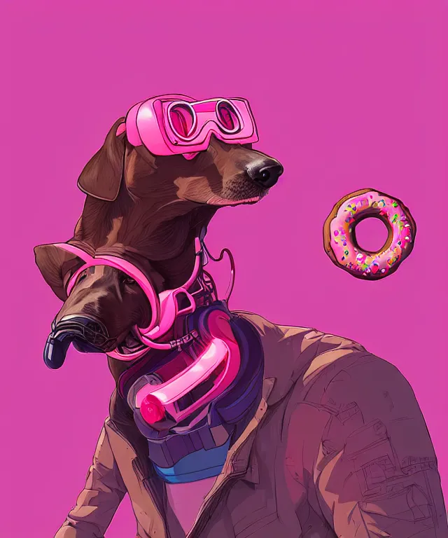 Image similar to a portrait of an anthropomorphic cyberpunk greyhound dog eating a pink donut, cyberpunk!, cyberpunk cityscape background, fantasy, elegant, digital painting, artstation, concept art, matte, sharp focus, illustration, art by josan gonzalez